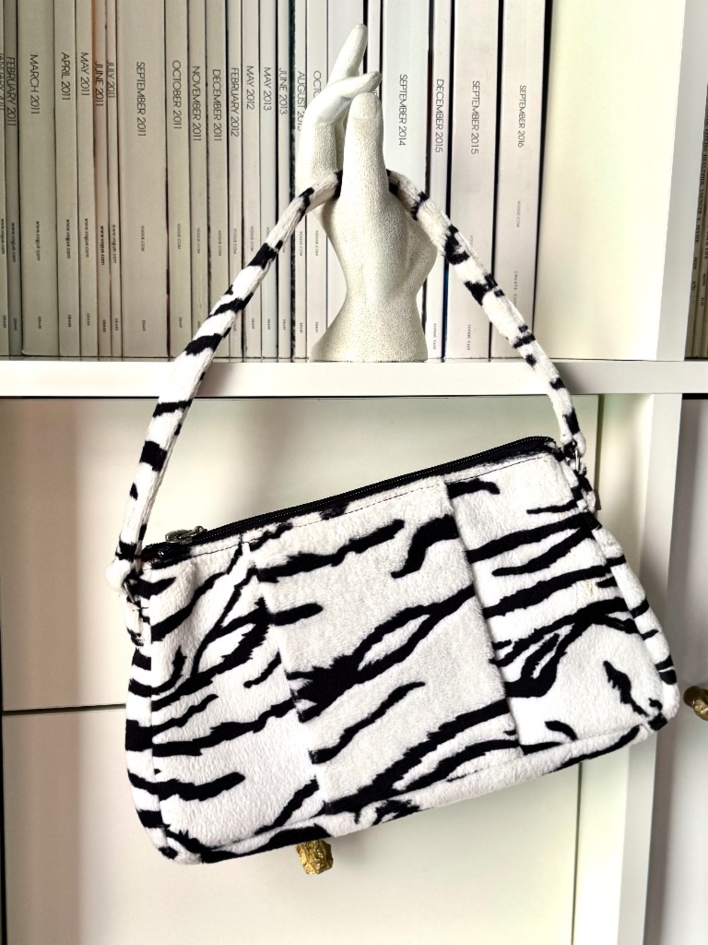 Y2K purse Zebra White Tiger Striped black and white faux fur 90s 00s party bag
